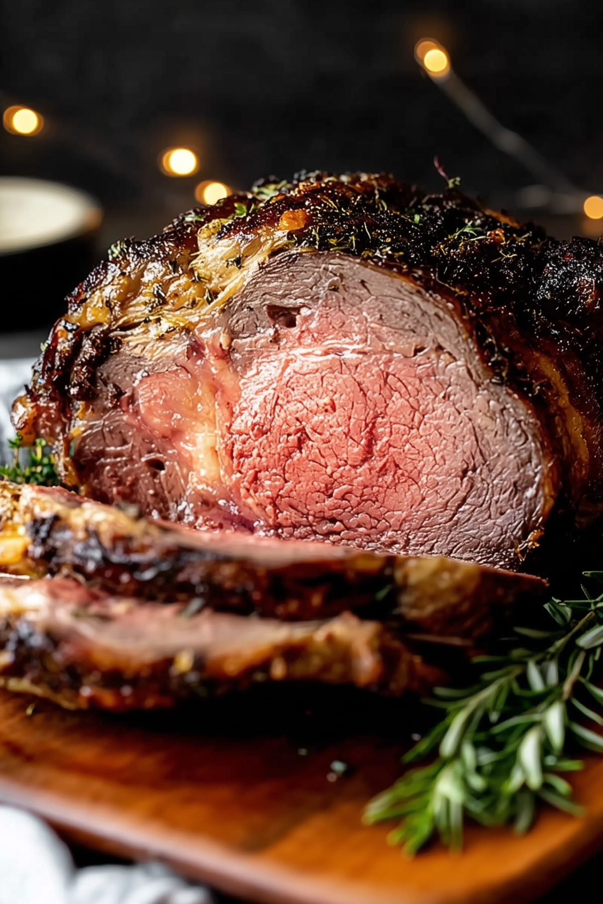 Garlic Herb Prime Rib roast with golden crust and herbs