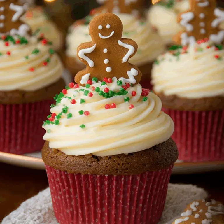 Gingerbread Cupcakes with Cream Cheese Frosting on holiday plate