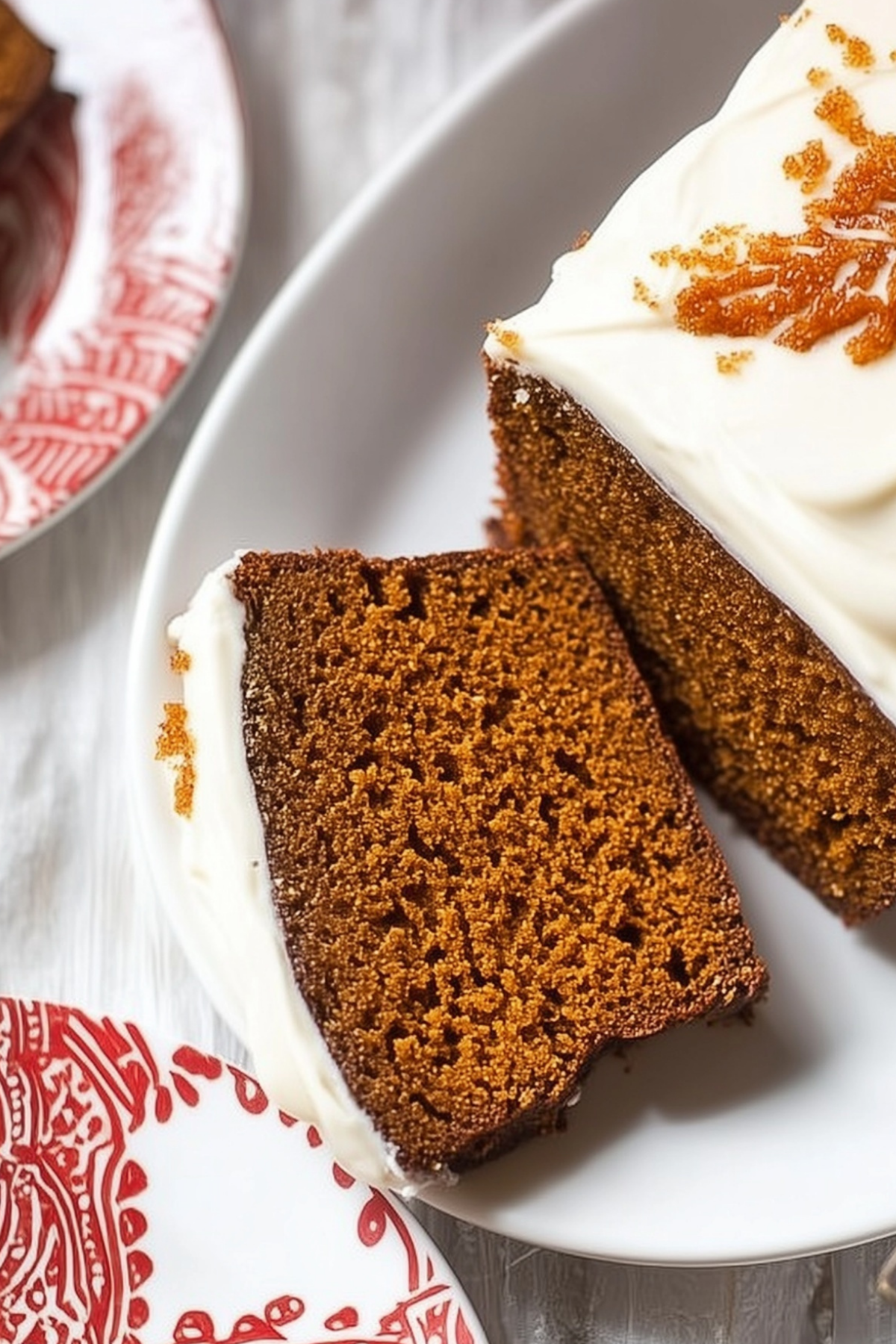 Gingerbread loaf with cream cheese frosting decorated with crystallized ginger