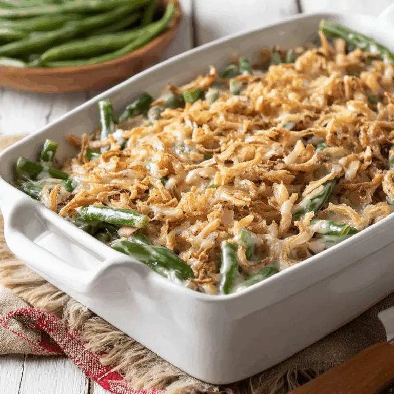 Green Bean Casserole with Cream Cheese served in a baking dish