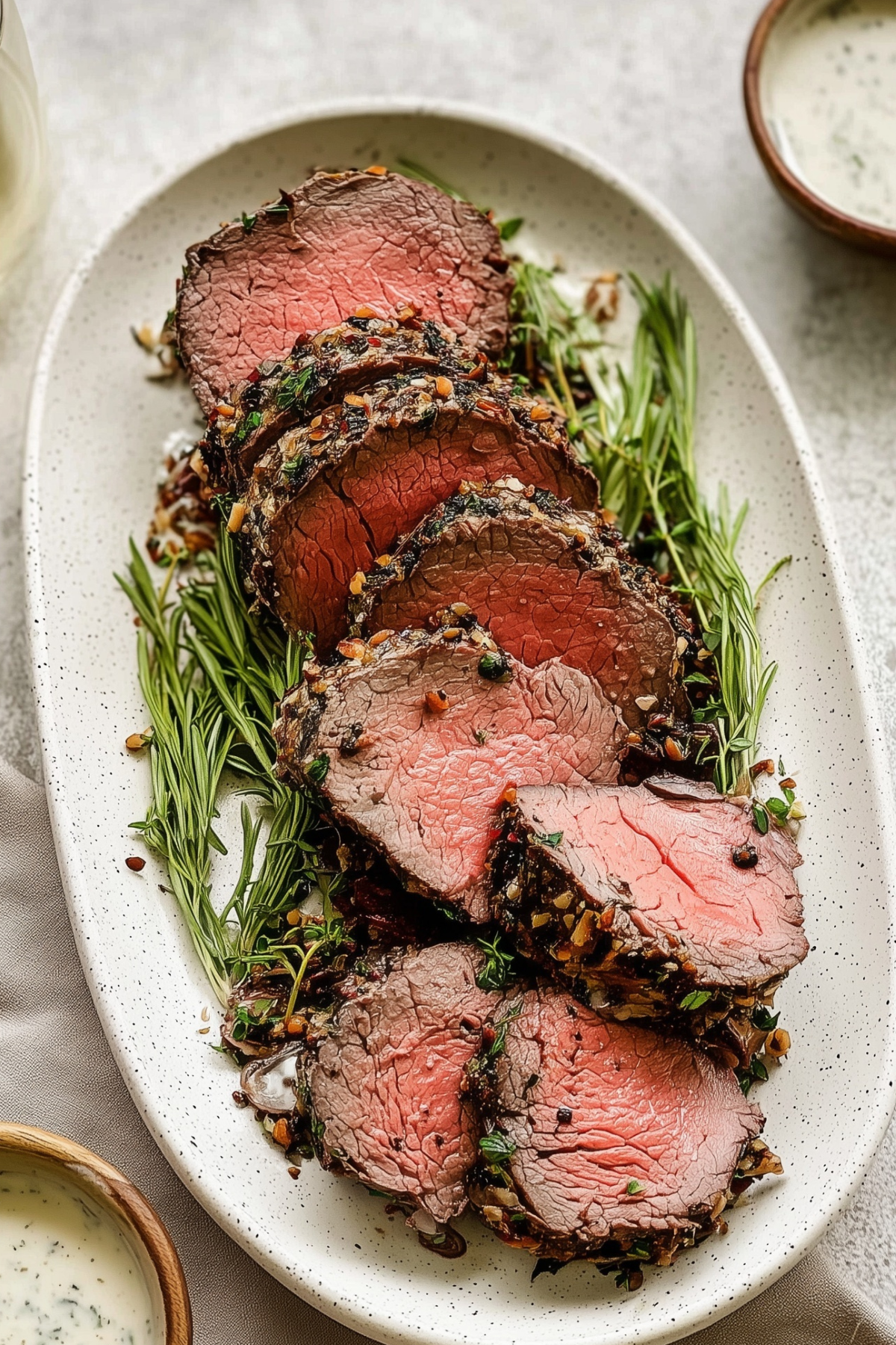 Herb Crusted Beef Tenderloin with Fresh Herbs and Horseradish Sauce