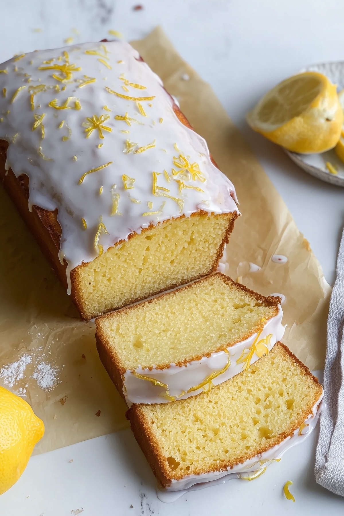Lemon drizzle cake with a shiny glaze and lemon zest topping