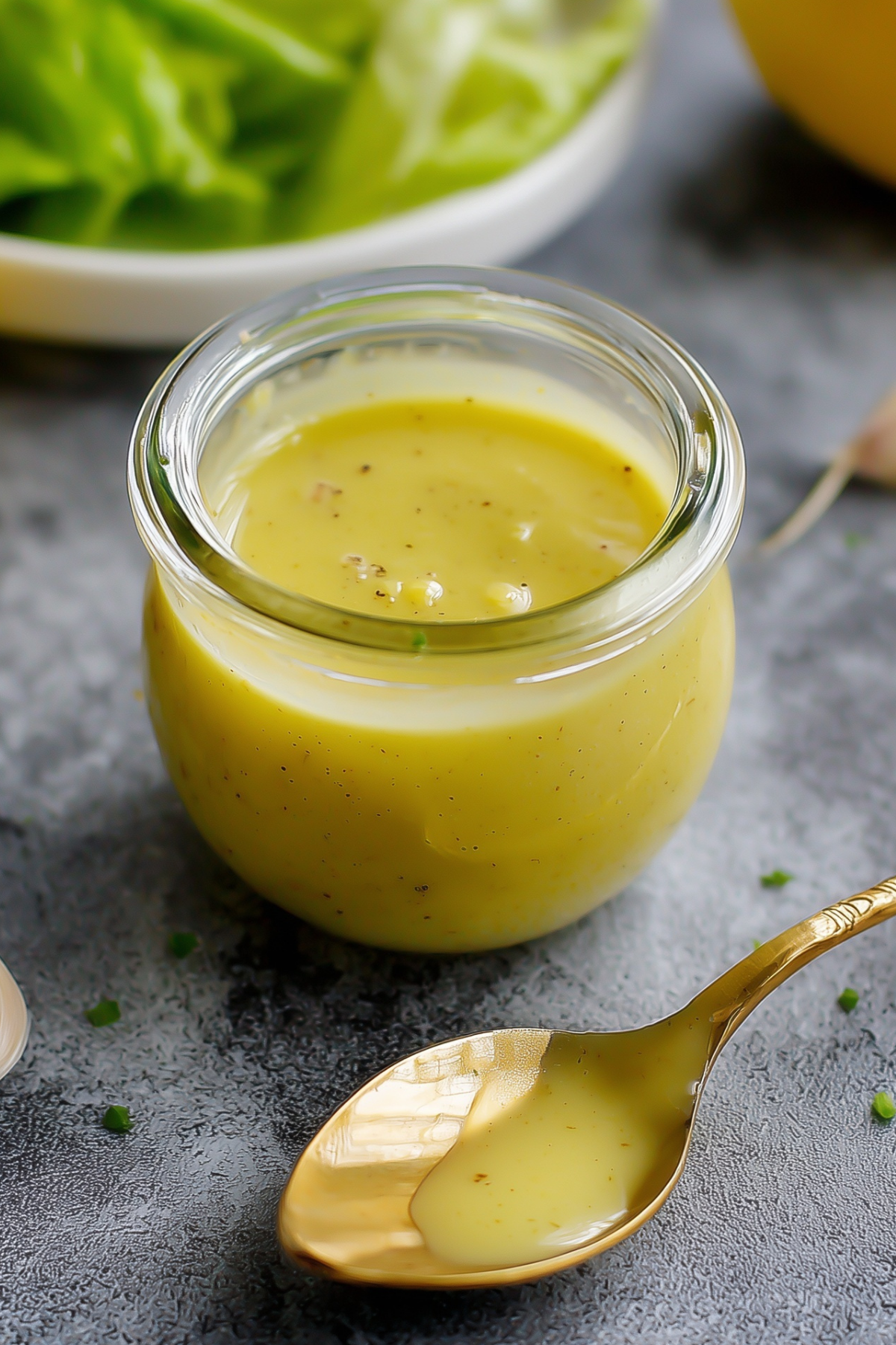 Lemon vinaigrette in a jar with fresh ingredients