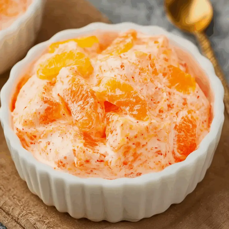 Orange Gelatin Salad in a serving dish with fruit and whipped topping