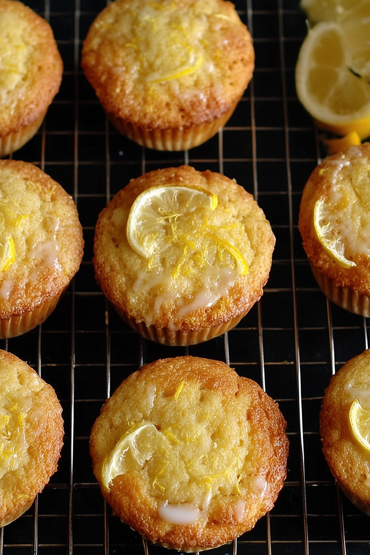 Meyer lemon muffins with a golden, fluffy texture topped with cinnamon sugar and a slice of lemon