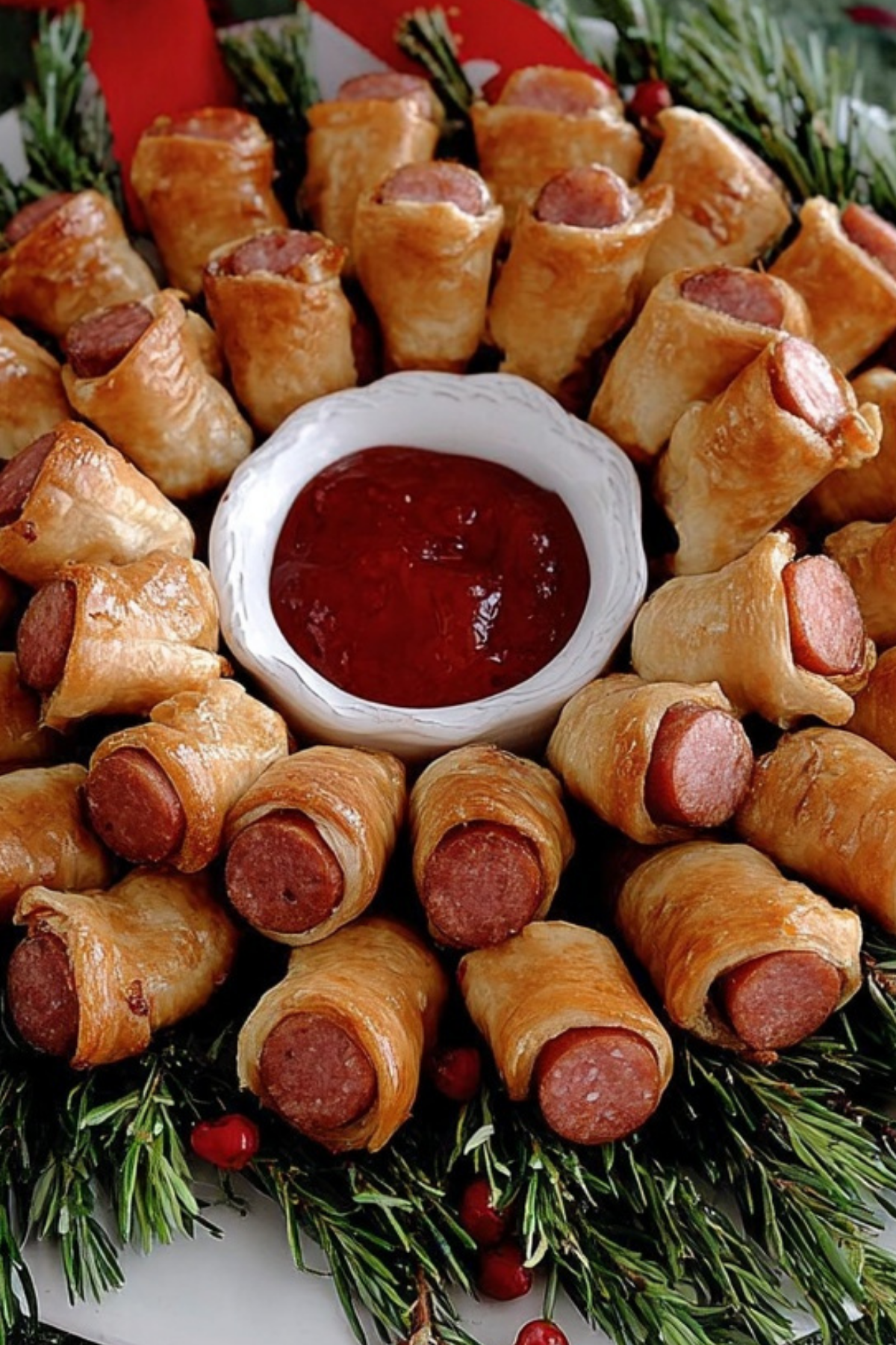 Mini sausage Christmas wreath served as a festive appetizer