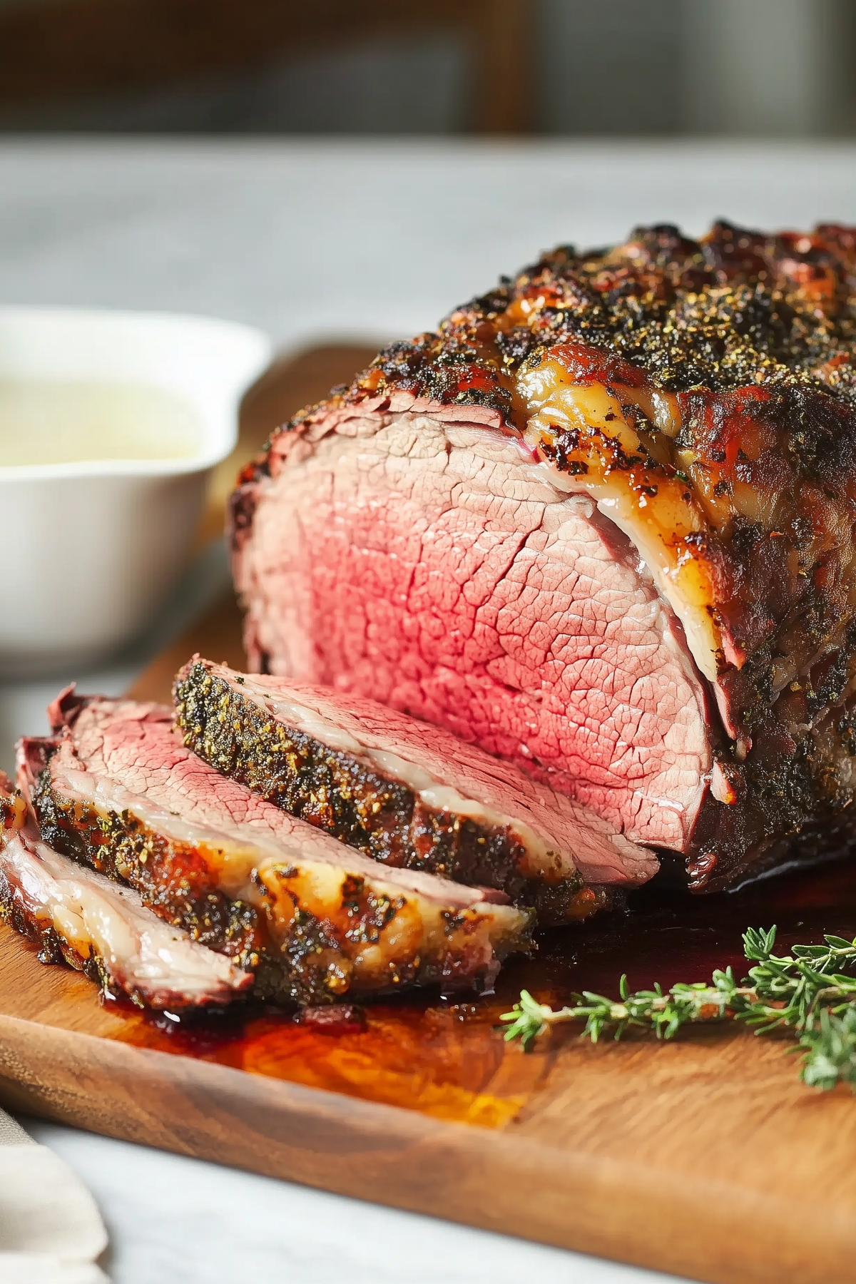 Prime rib roast with garlic herb crust and juicy interior