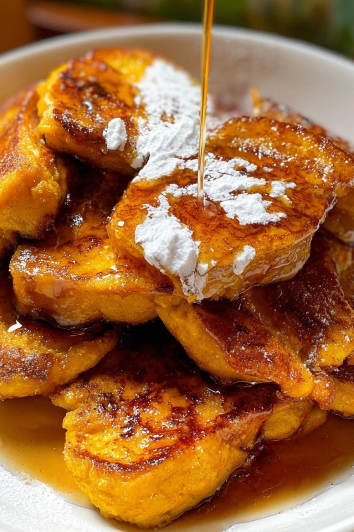 Pumpkin French Toast stacked with maple syrup and powdered sugar