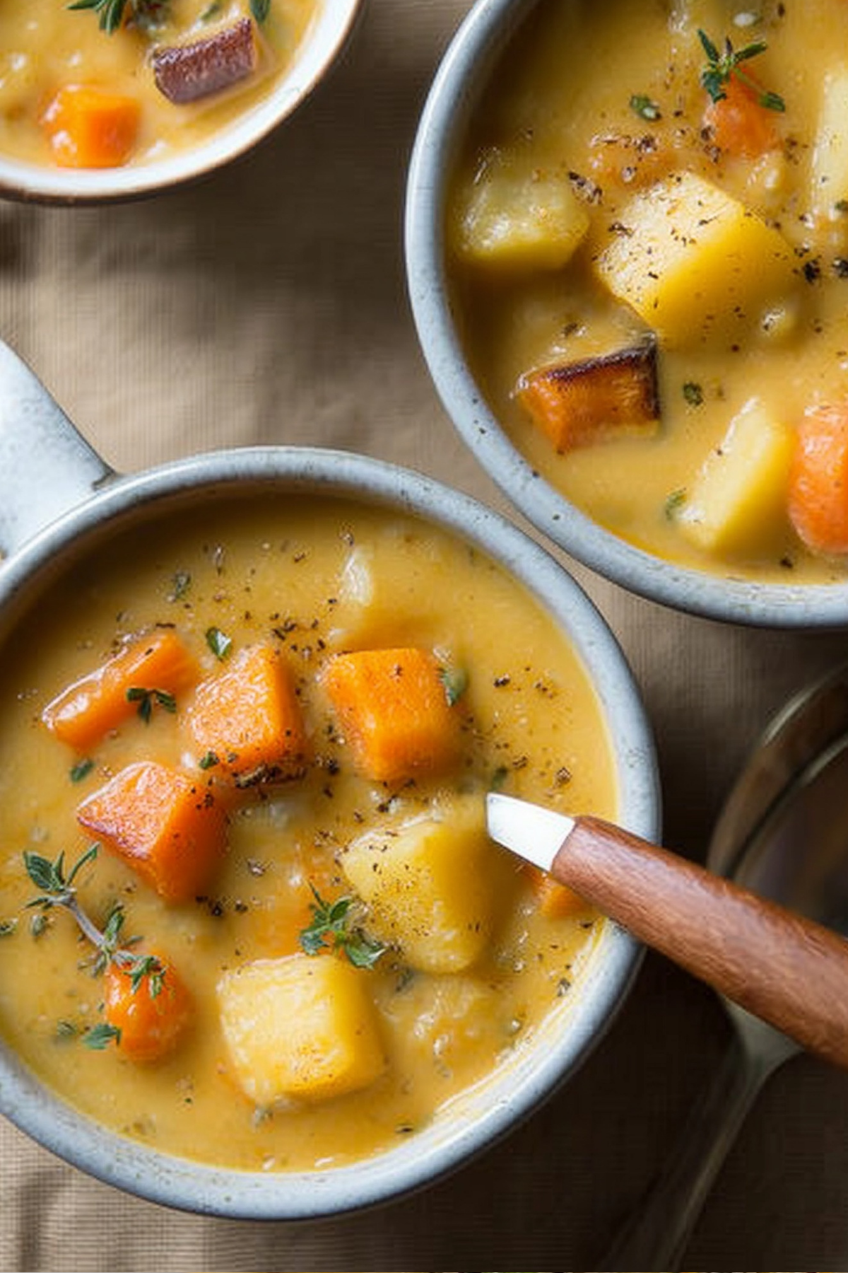Bowl of Rustic Roasted Winter Vegetable Chowder with creamy texture and roasted vegetables