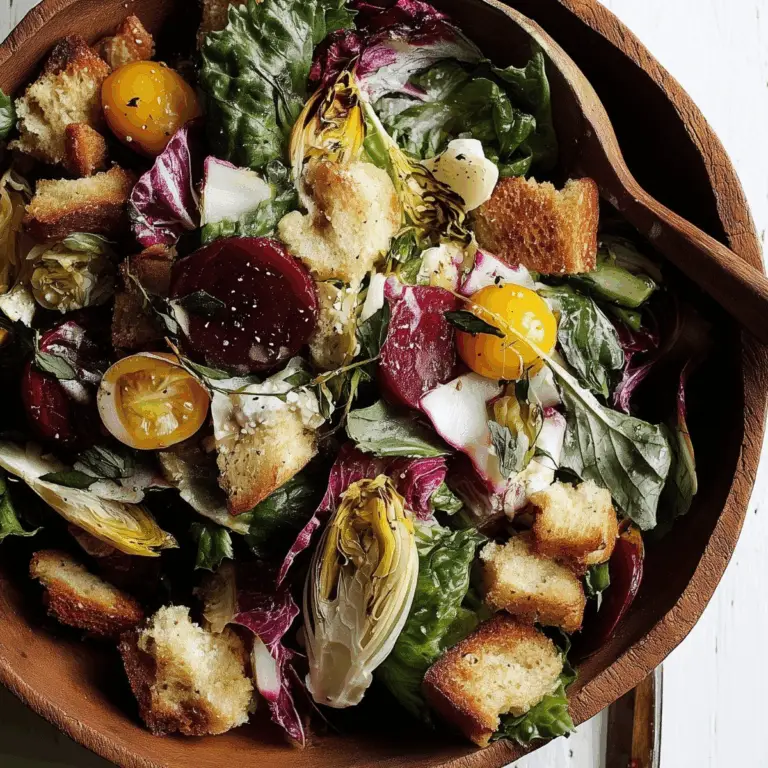 Rustic Winter Salad with Sherry Vinaigrette & Torn Croutons served in a bowl