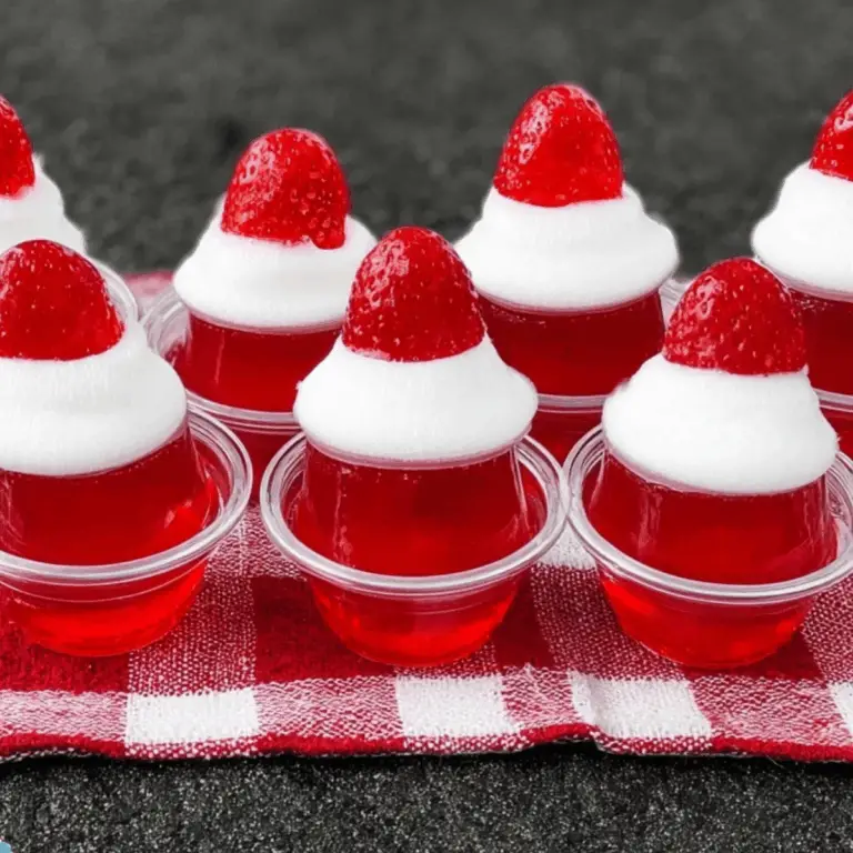 Santa Hat Jello Shots served with whipped cream and strawberries for a festive holiday treat