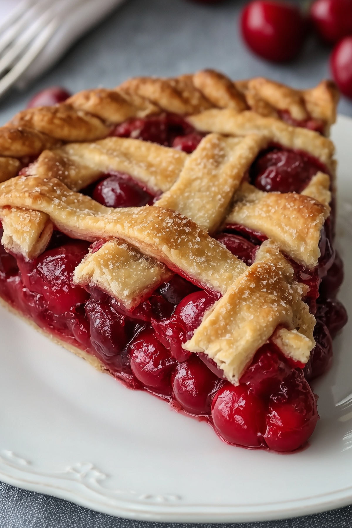 Homemade sour cherry pie with flaky crust and tart cherry filling