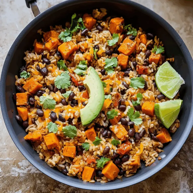 Southwest Sweet Potato, Black Bean, and Rice Skillet in a skillet, with colorful vegetables