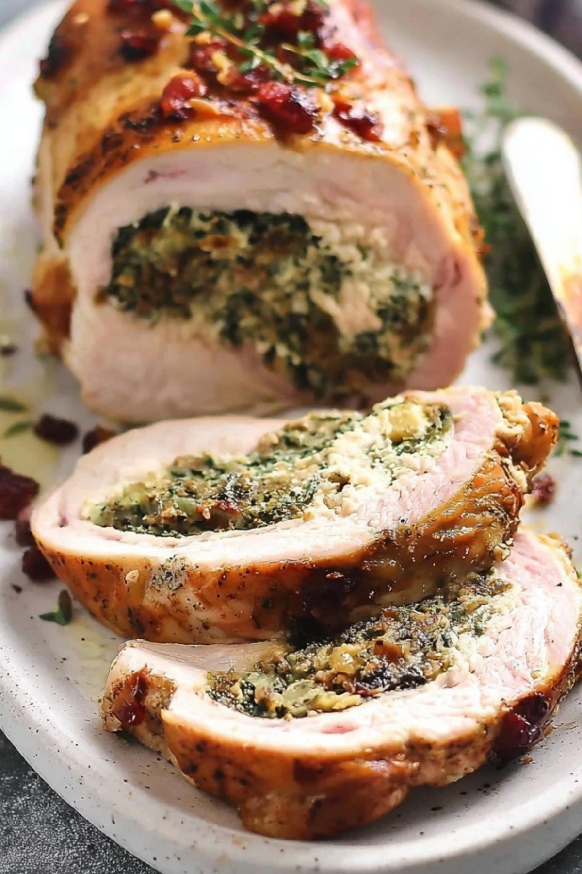 Sliced stuffed turkey breast with herbs and creamy filling