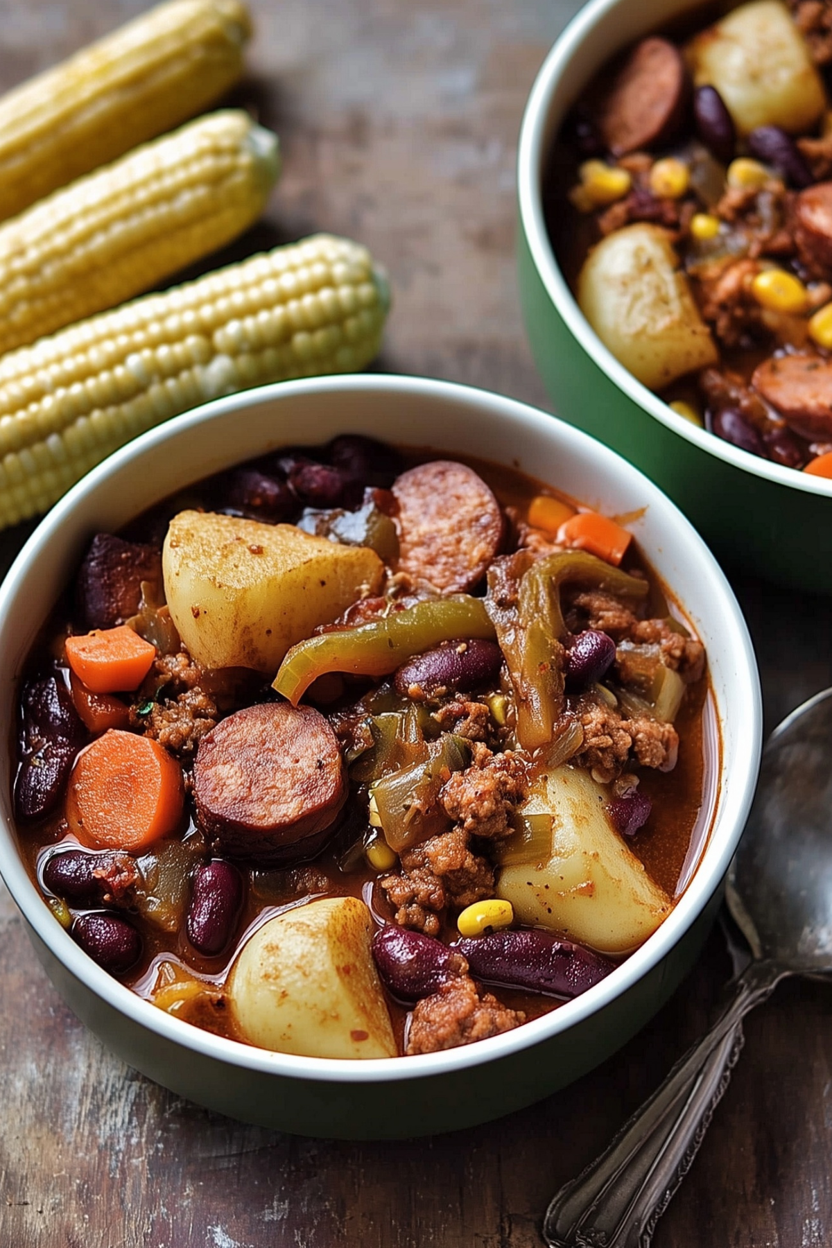 cowboy stew recipe served in a rustic bowl with sausage and potatoes