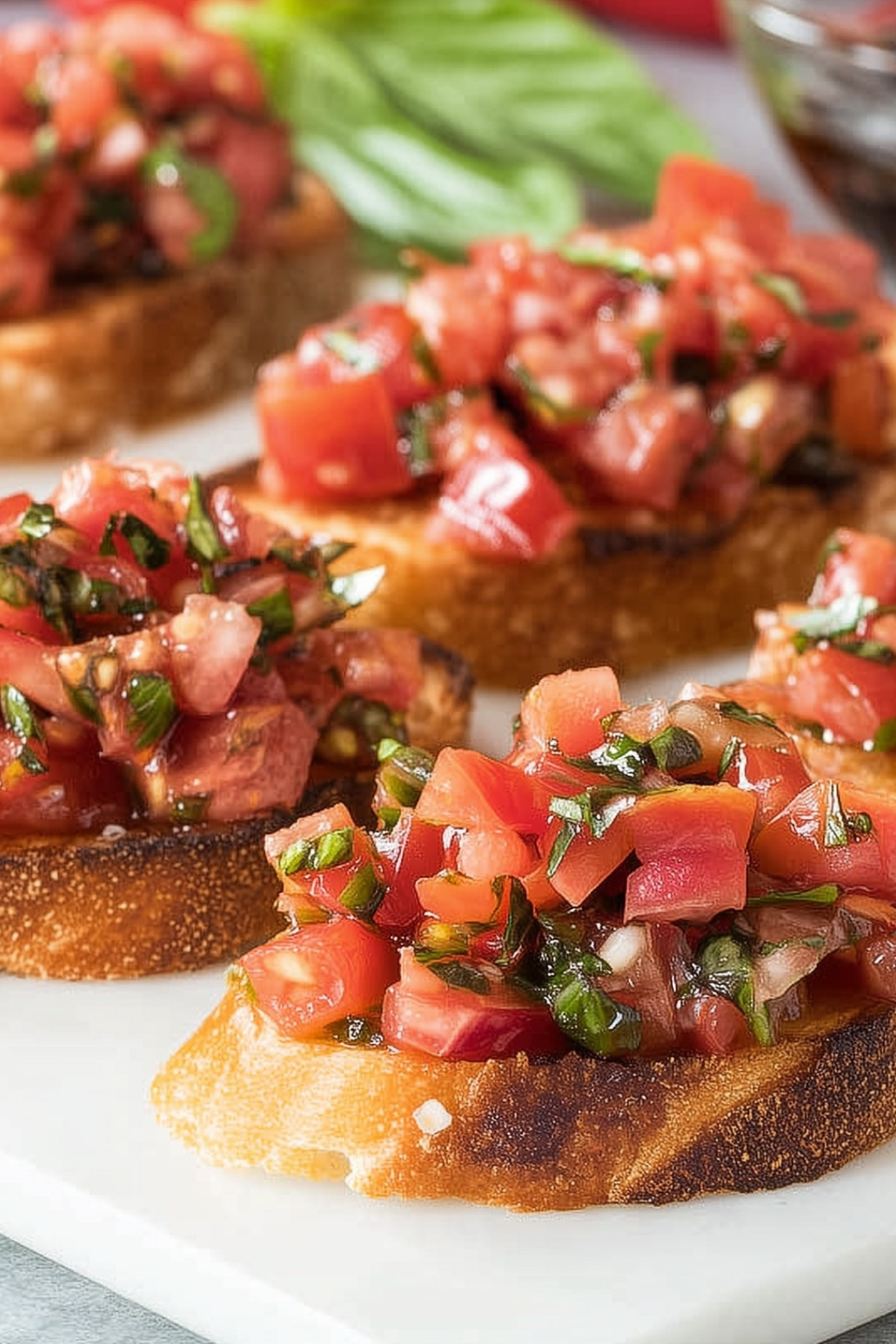 Tomato bruschetta served on toasted bread with basil and balsamic glaze