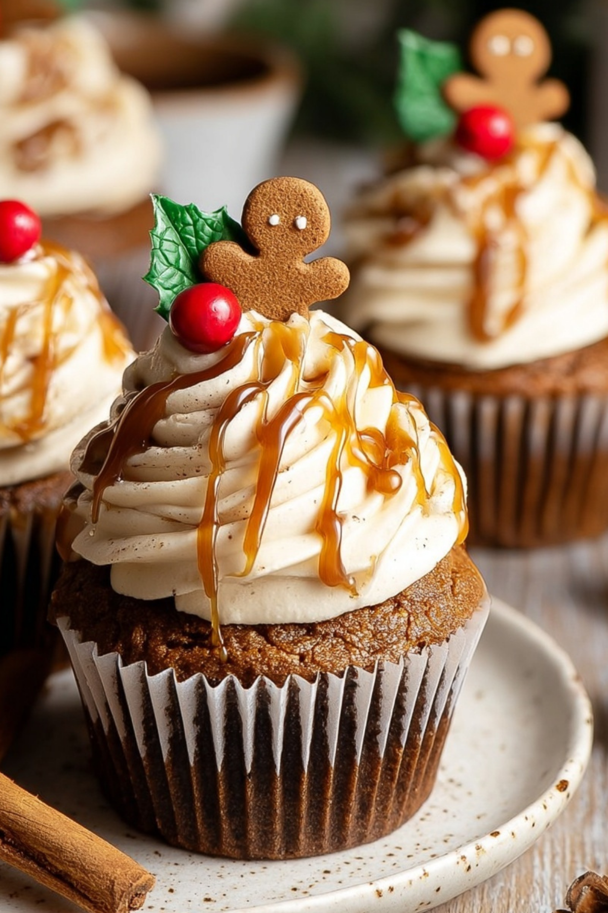 Vegan Gingerbread Cupcakes with cream cheese frosting and caramel drizzle
