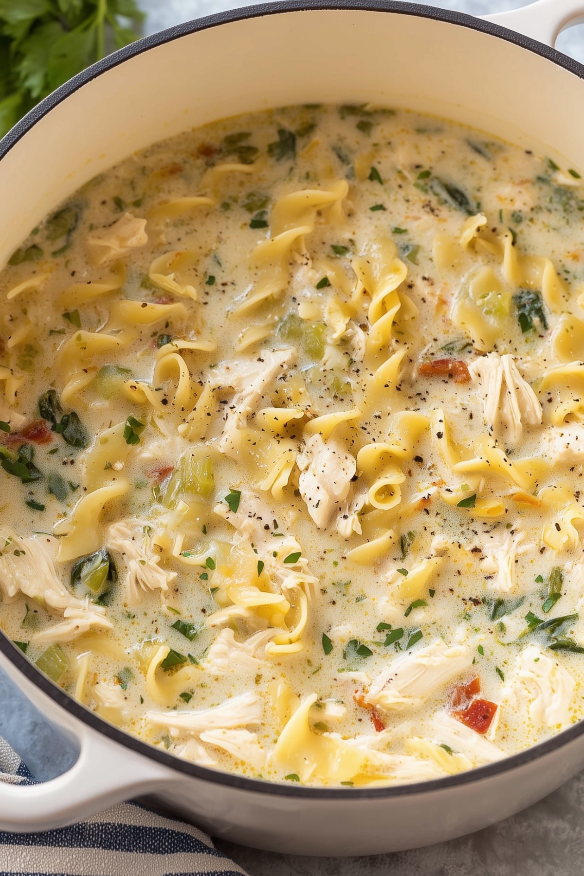 White Chicken Lasagna Soup in a bowl with melted cheese"