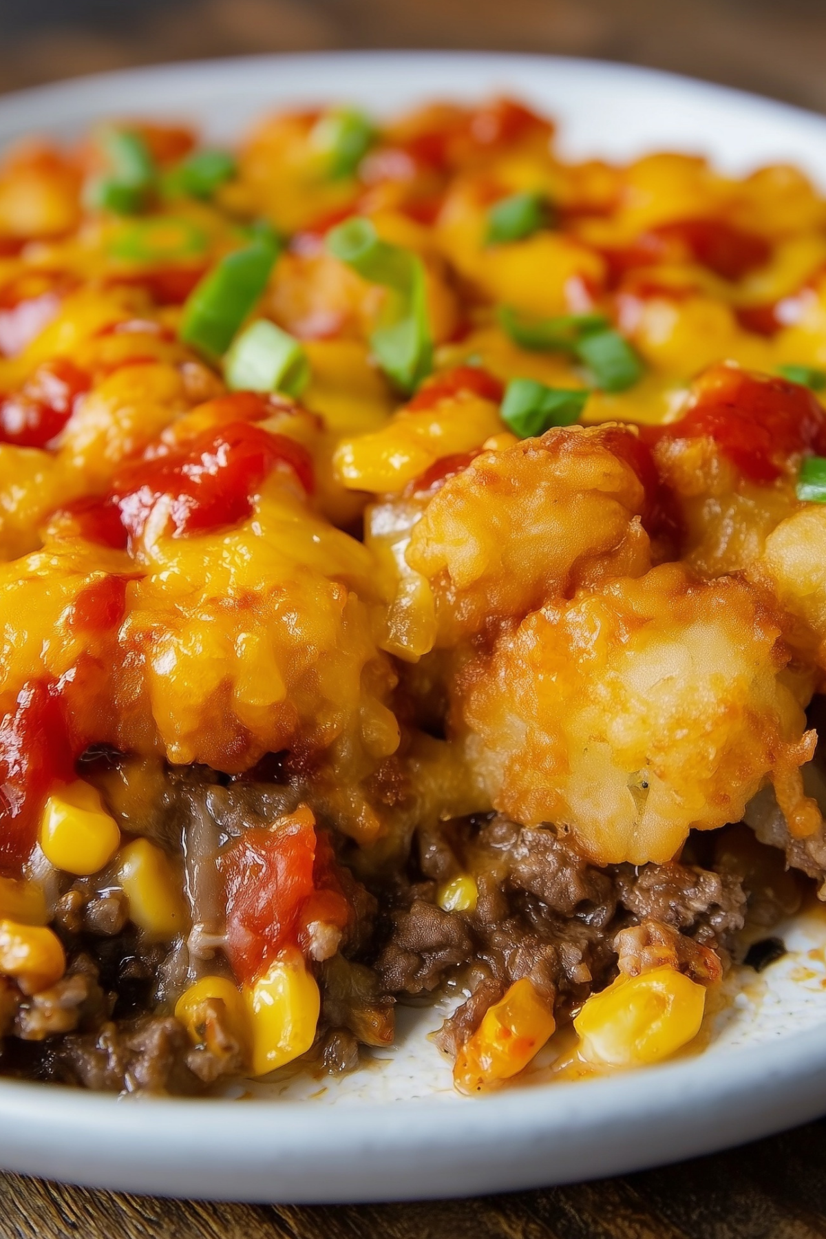 cowboy casserole with ground beef, tater tots, cheese, and corn