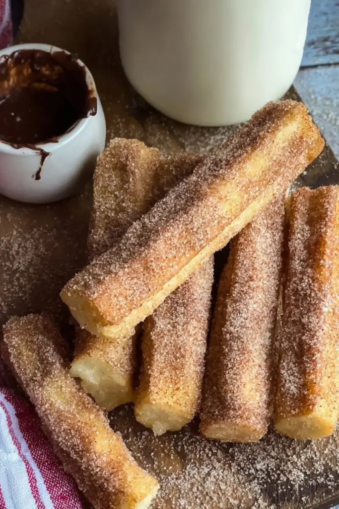 Baked churros coated in cinnamon sugar on a plate