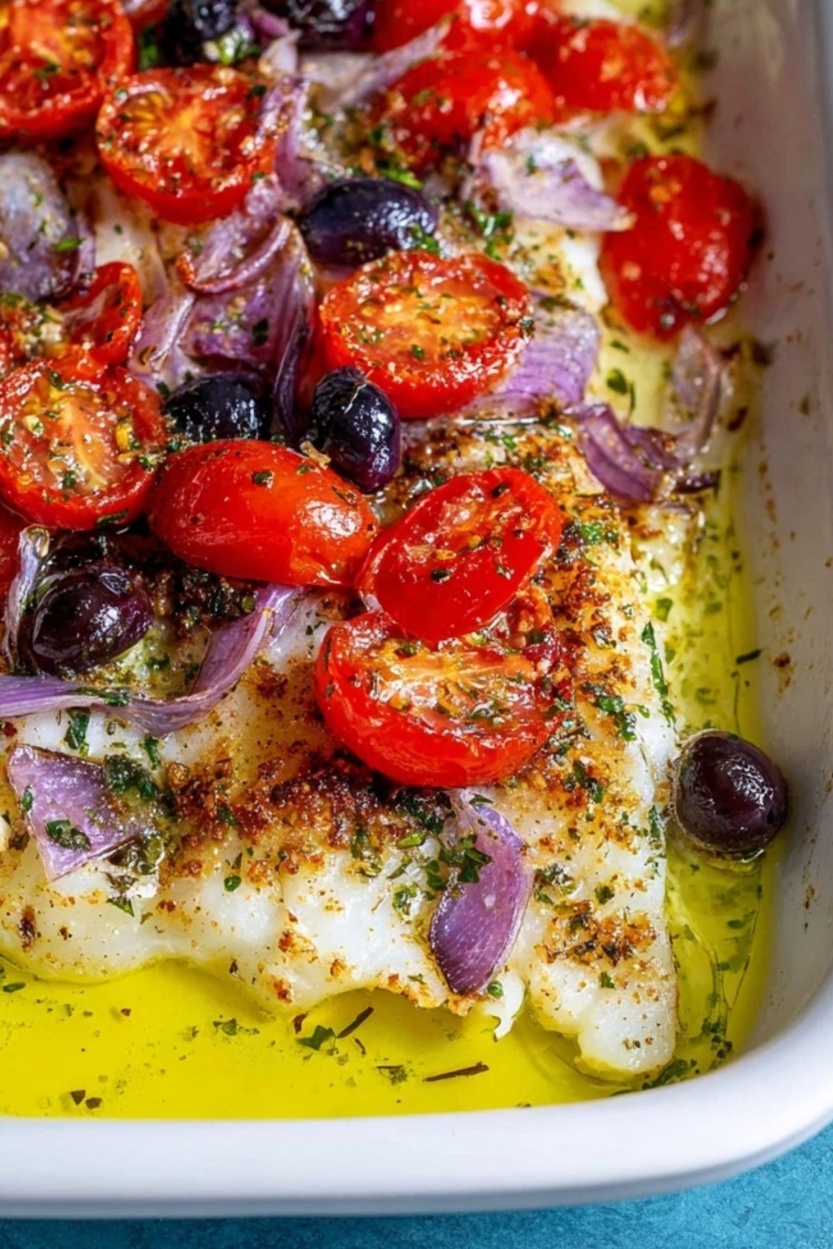 baked white fish with tomatoes and olives in Mediterranean style