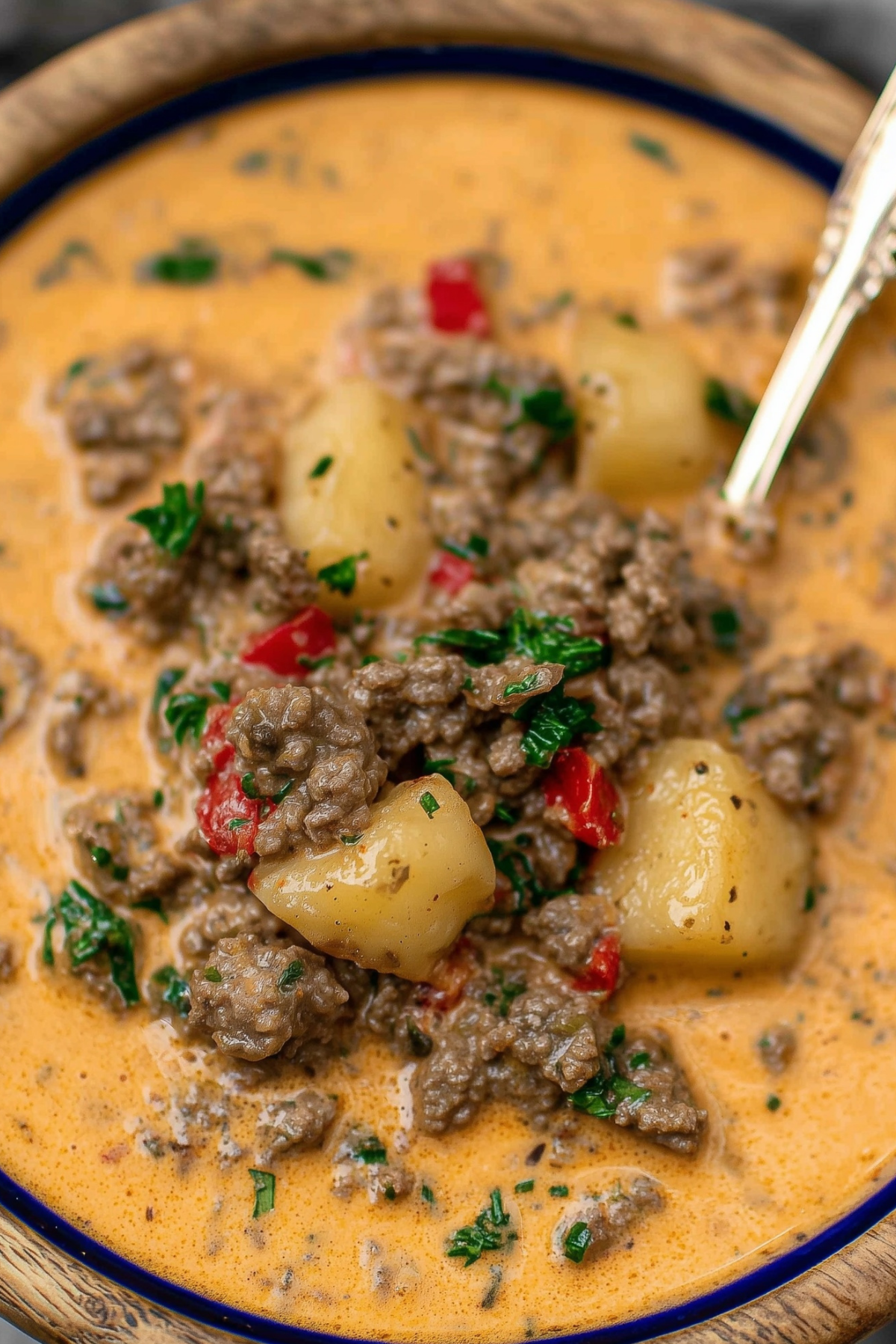 Cheesy Beef and Potato Soup with ground beef, cheddar cheese, and potatoes in a creamy broth