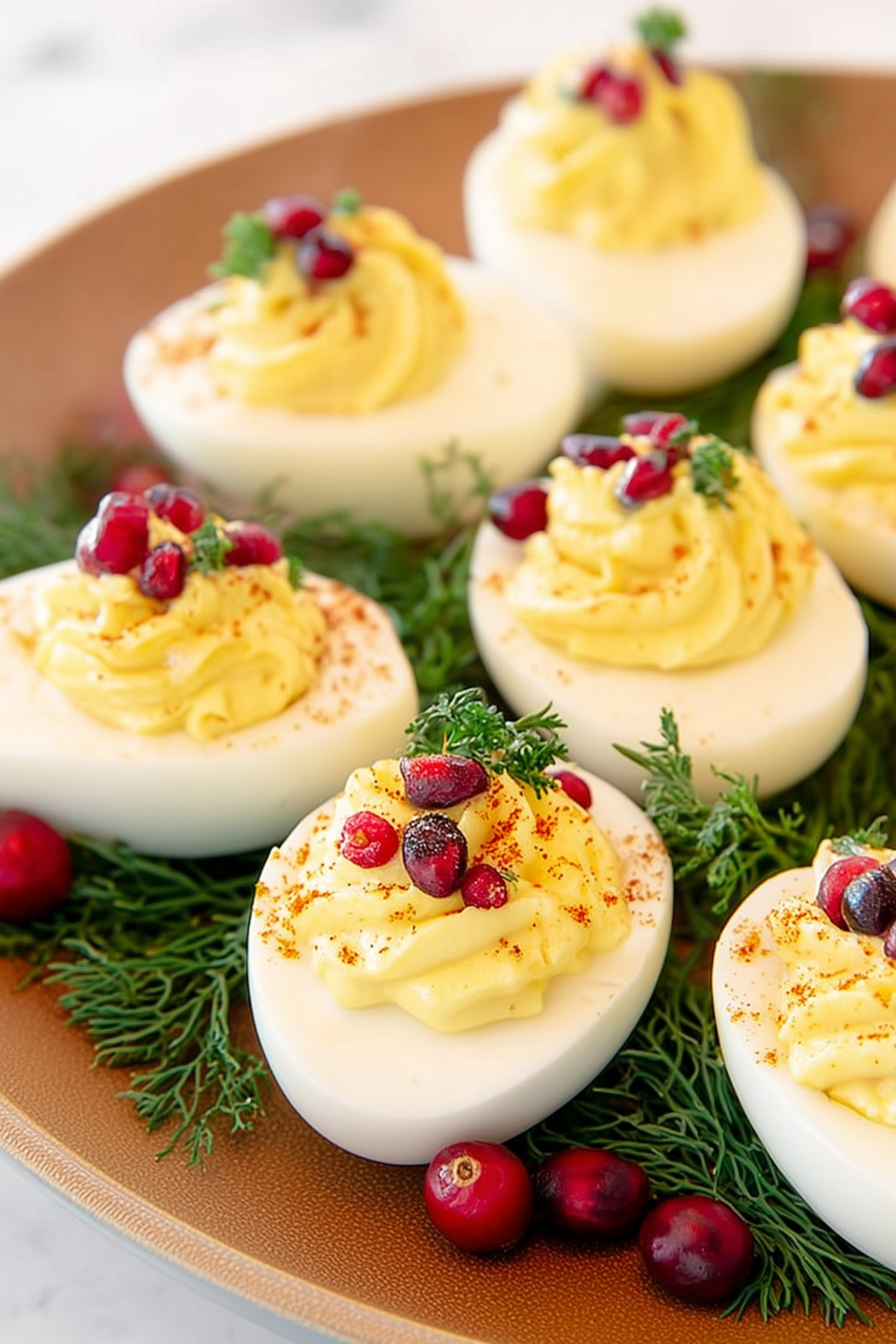 Christmas Deviled Eggs with pomegranate seeds and parsley leaves