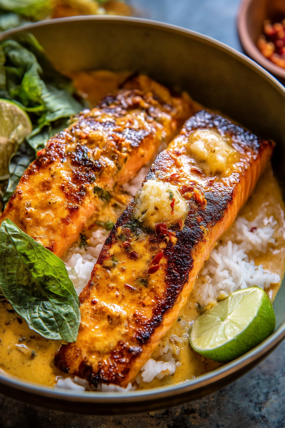 Coconut Curry Salmon with Garlic Butter served with rice and garnished with fresh herbs.