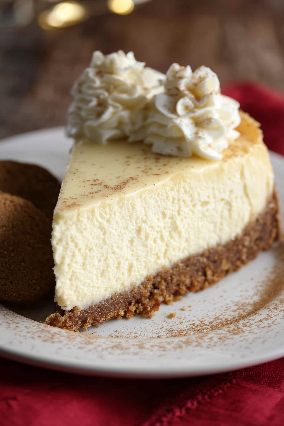 Eggnog Cheesecake with Gingersnap Crust topped with whipped cream and cinnamon