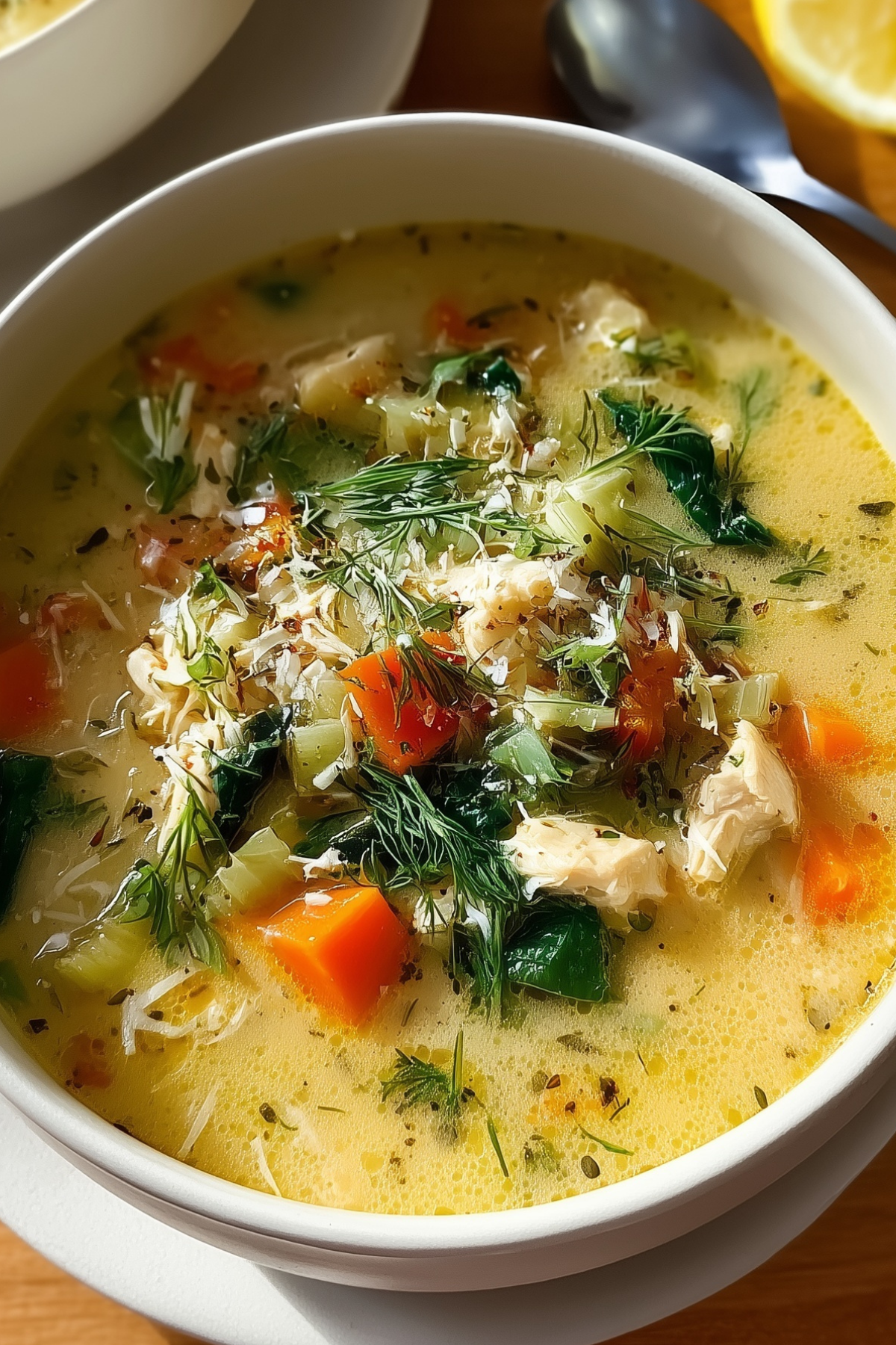 bowl of creamy greek lemon chicken soup with dill and spinach