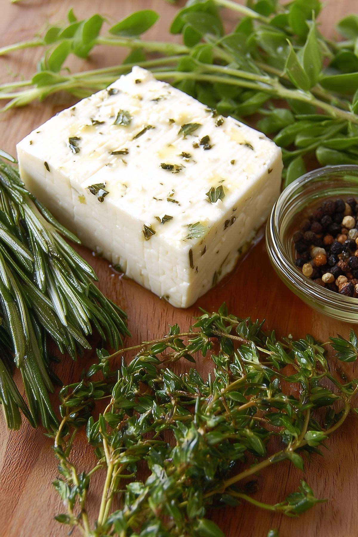 Herb Marinated Feta in olive oil with herbs in a glass jar