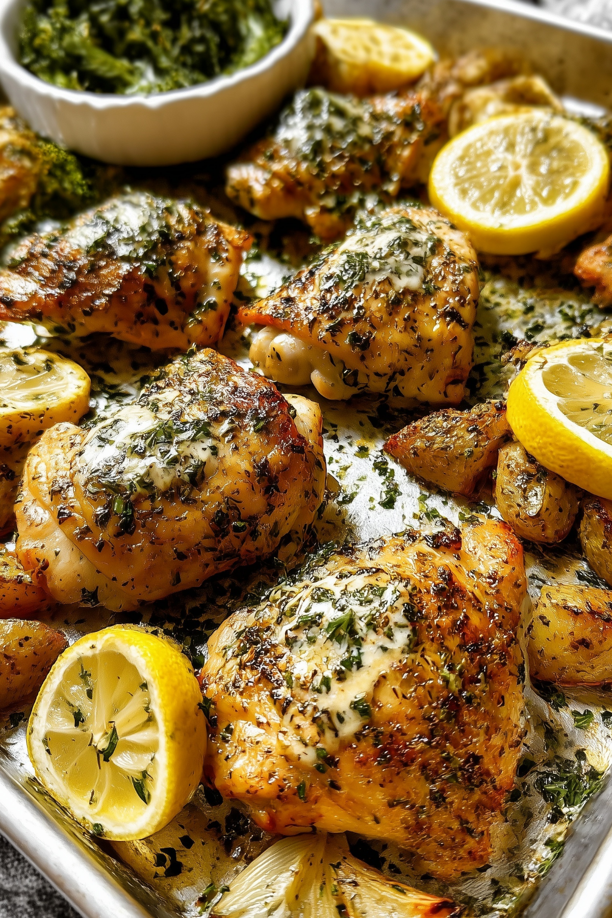 Lemon Garlic Chicken Thighs served with roasted potatoes and broccoli