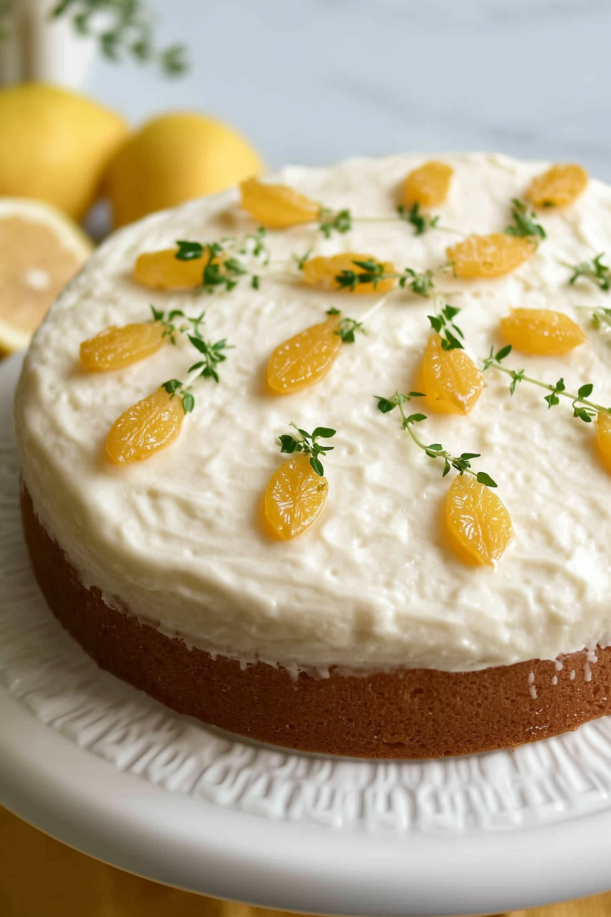 Lemon Thyme Cake with frosting and candied lemon peels