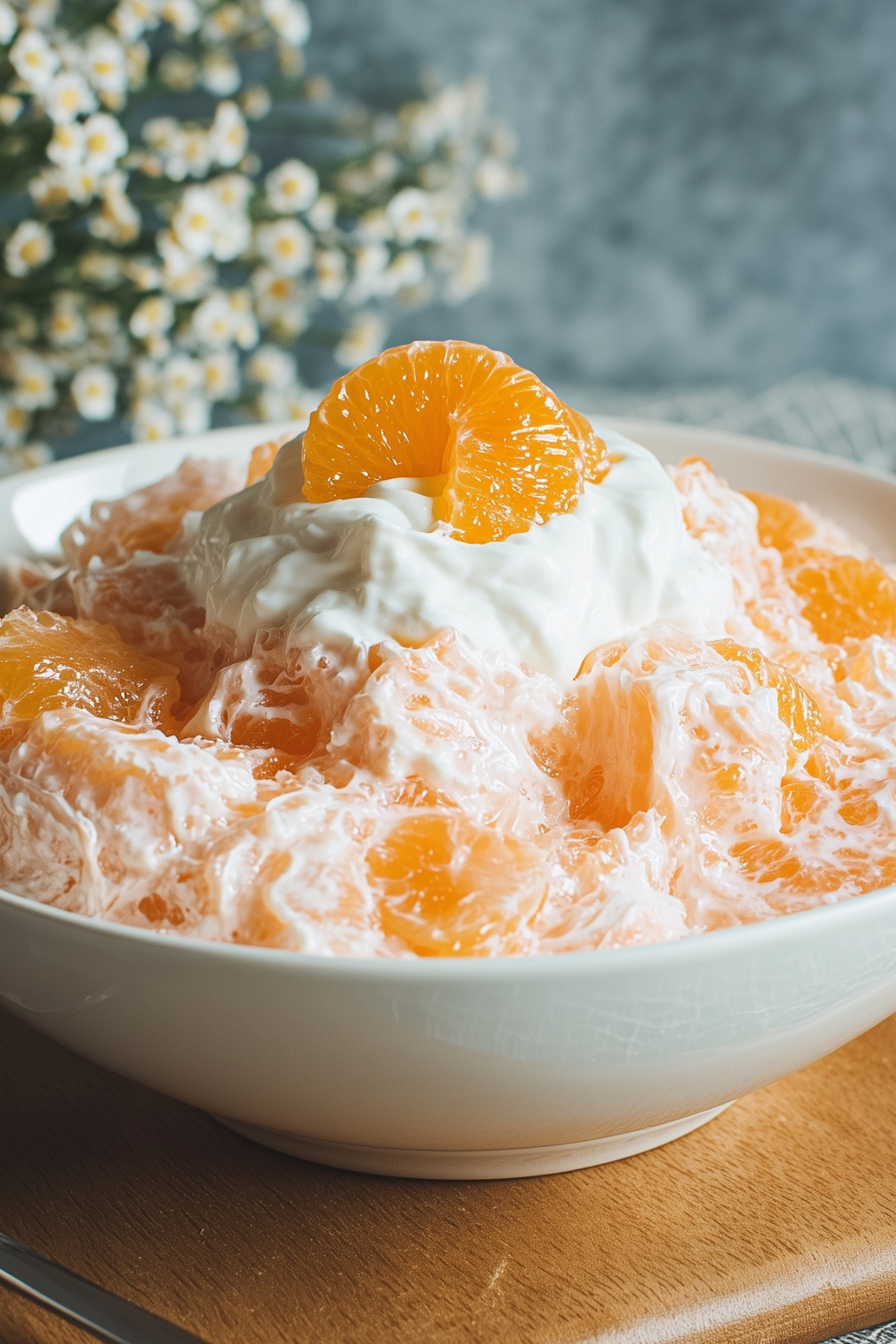 Mandarin Orange Jello Salad served in a bowl, creamy fluff texture with mandarin slices
