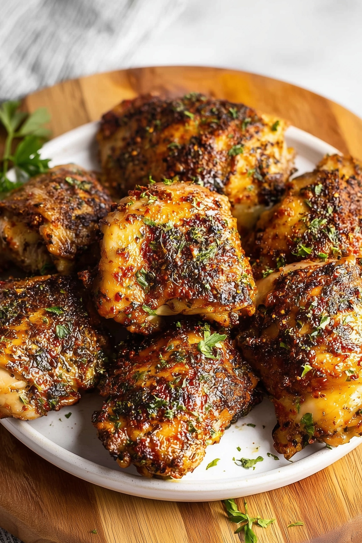 Oven Baked Chicken Thighs on a baking tray, golden and crispy