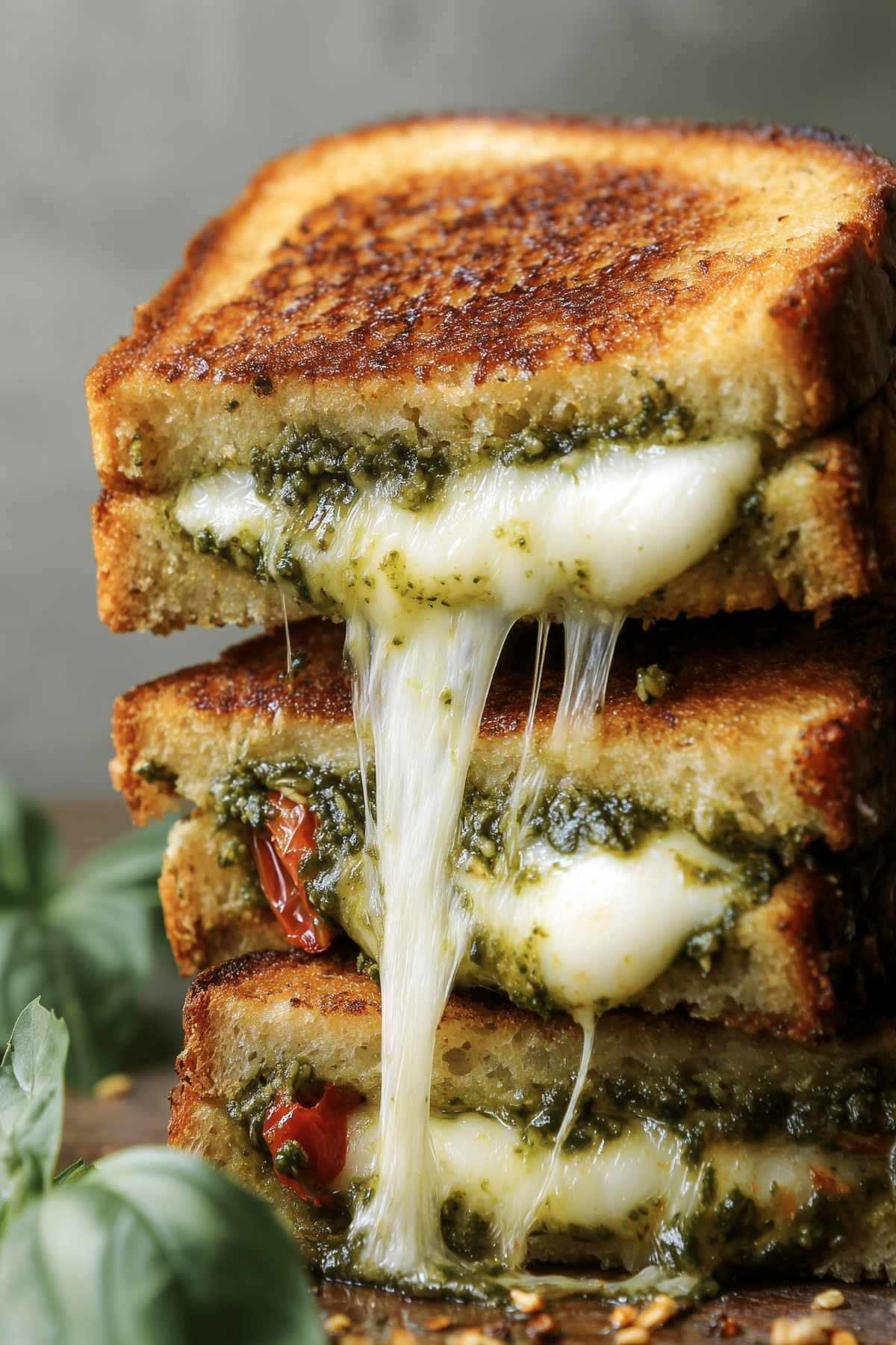 Pesto Grilled Cheese sandwich with mozzarella, pesto, and sourdough