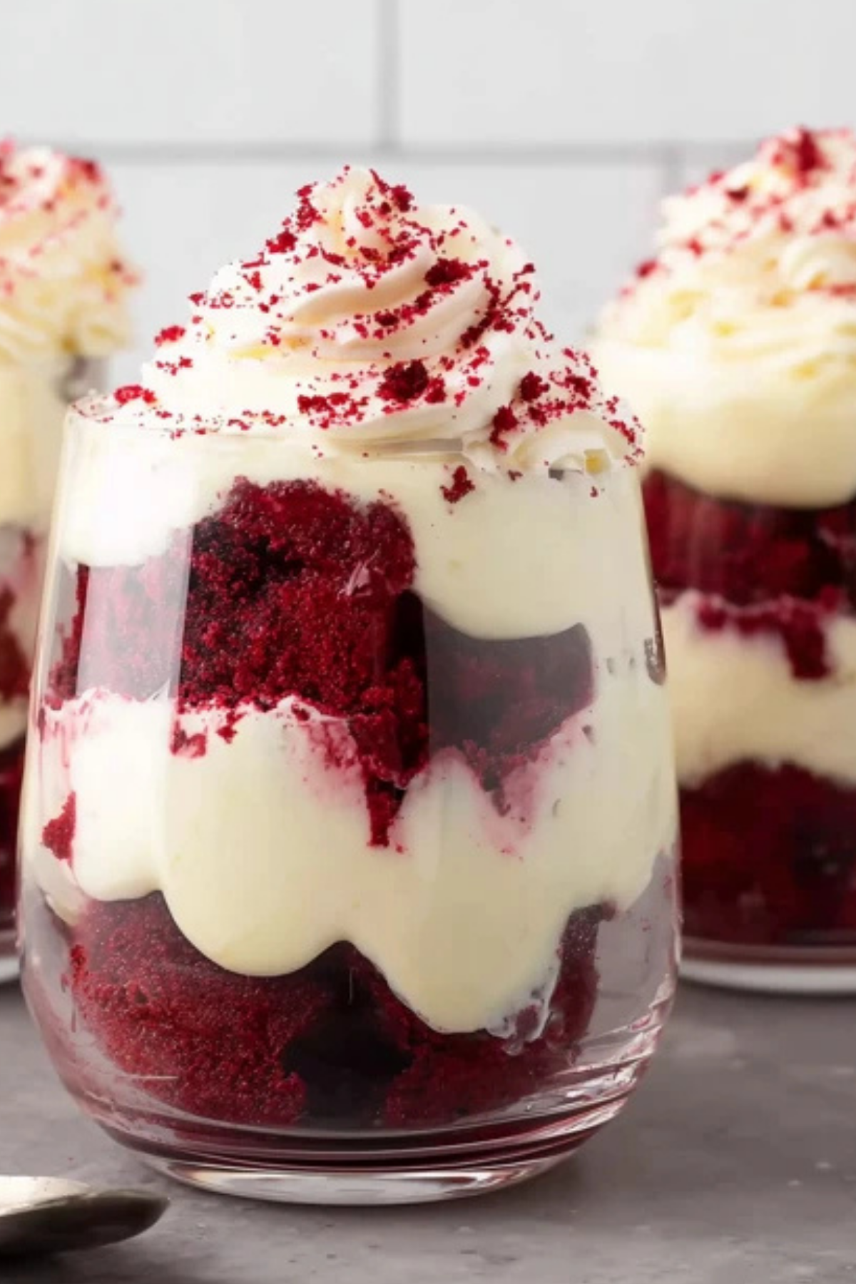 Red Velvet Trifle Cups with creamy pudding and whipped topping