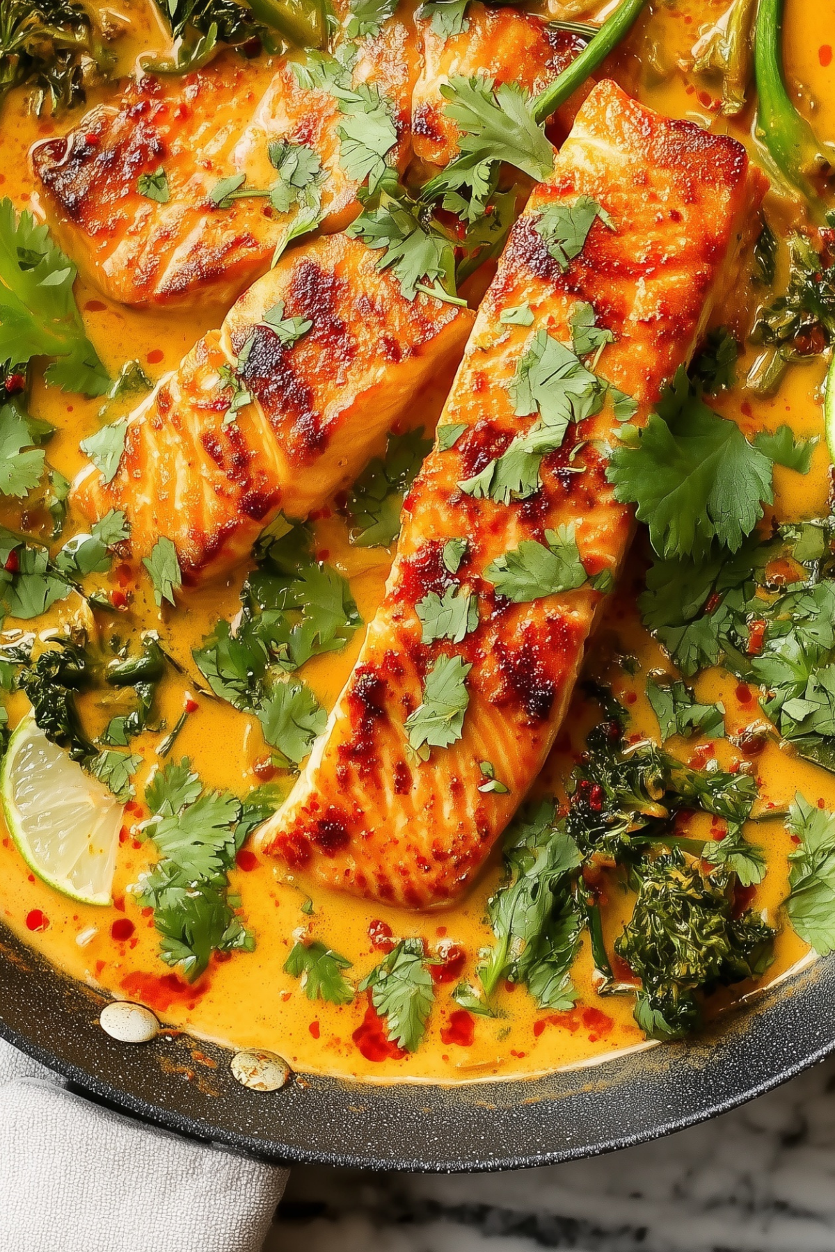 Salmon Coconut Curry with creamy coconut sauce and fresh herbs