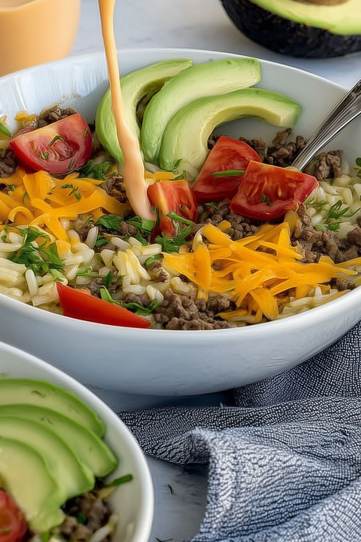 Taco Rice Bowl with beef, rice, and fresh toppings