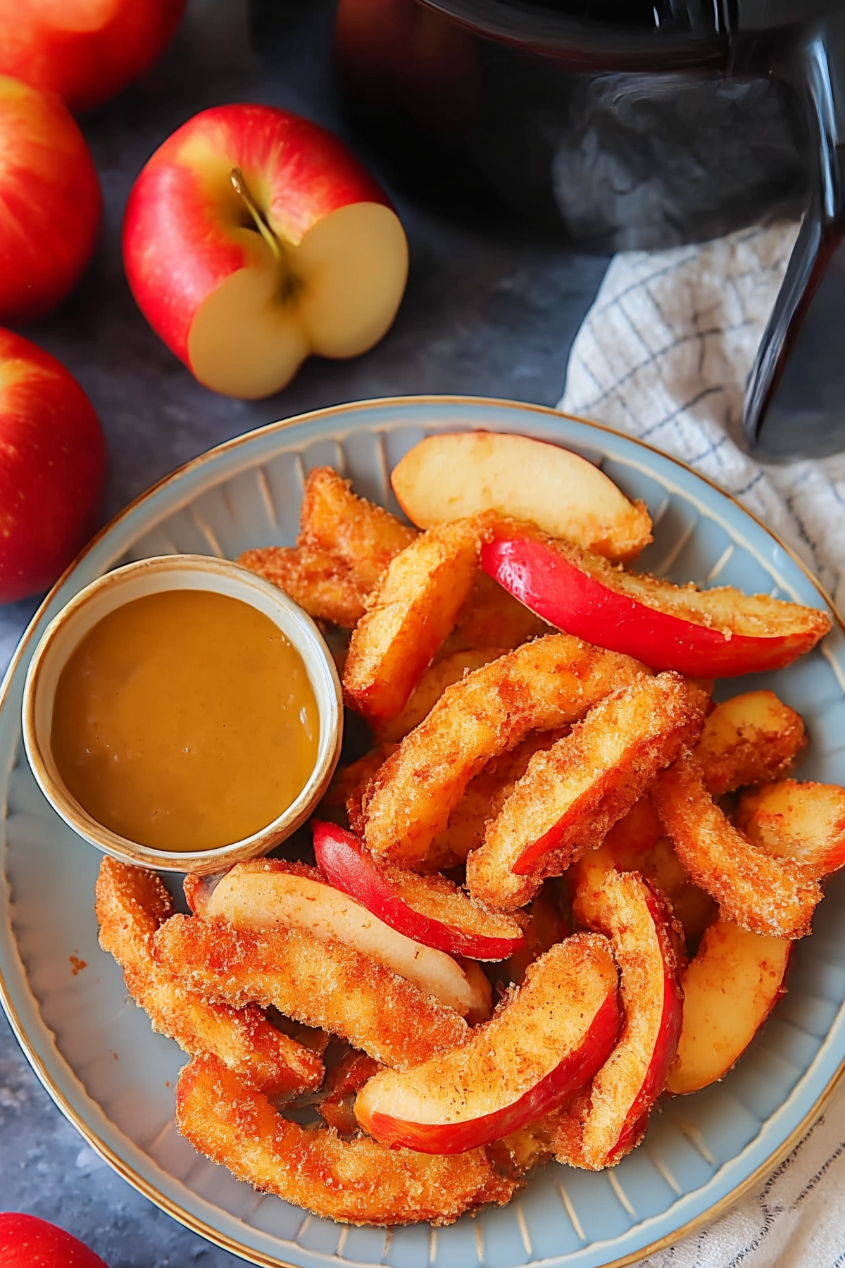 Crispy Air Fryer Apple Fries with cinnamon and graham cracker coating