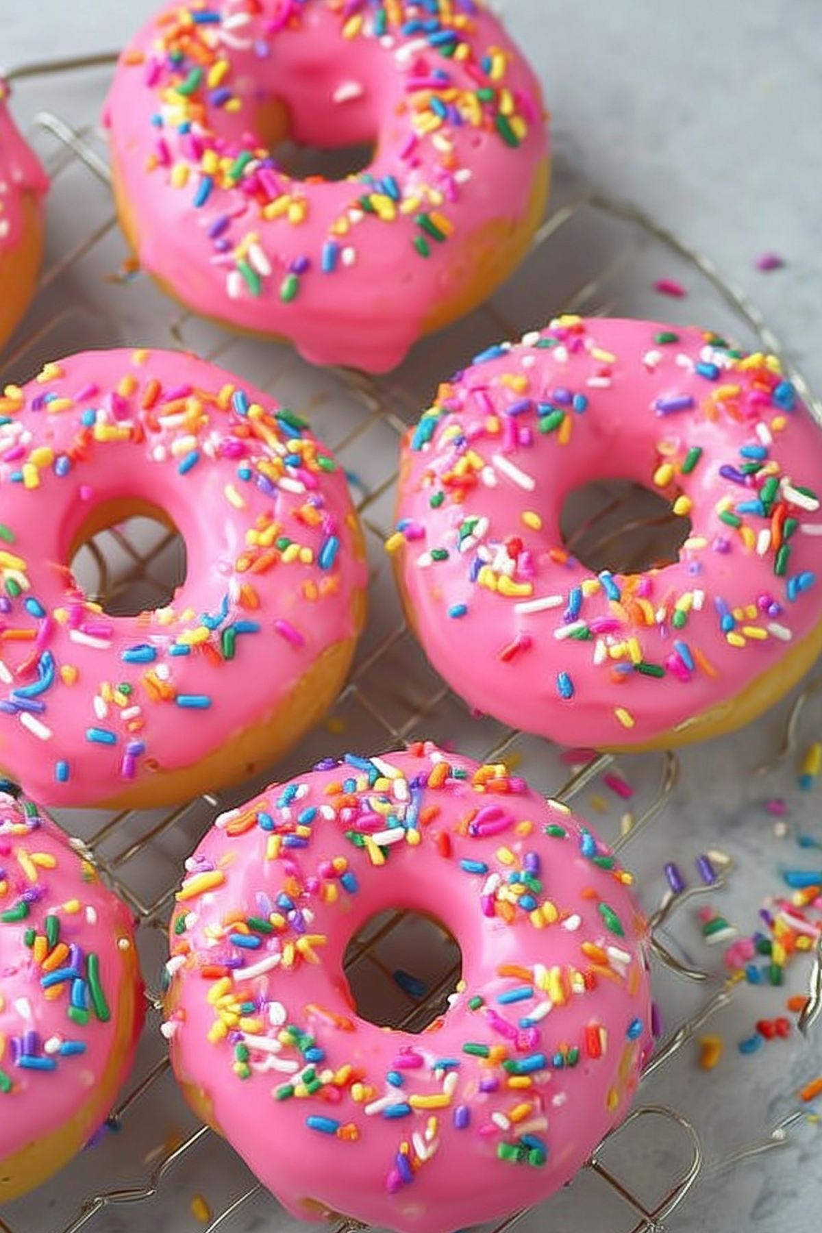 baked birthday cake doughnuts with rainbow sprinkles and glaze