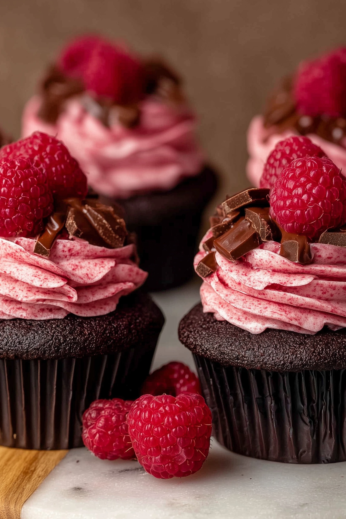 Raspberry Chocolate Cupcakes with raspberry buttercream frosting