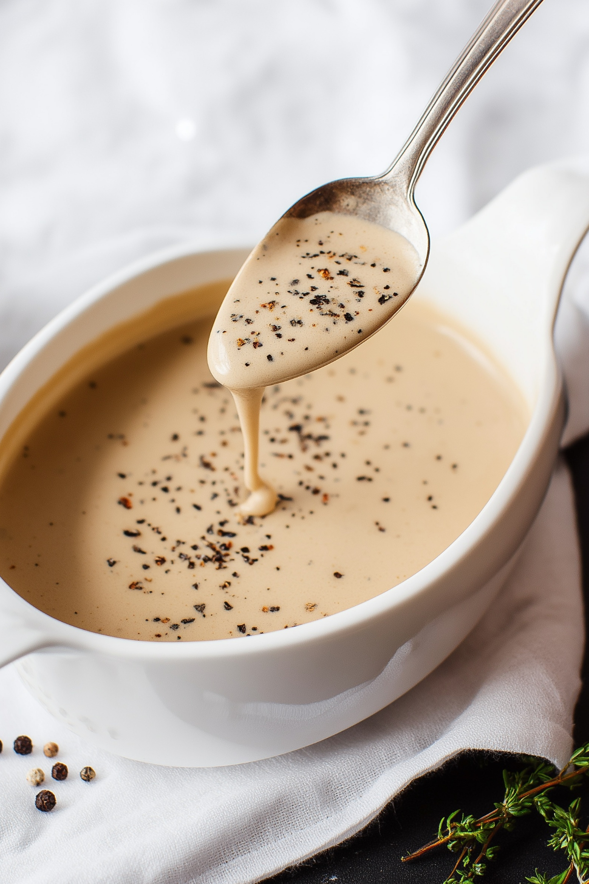 Creamy Peppercorn Sauce served with steak and vegetables