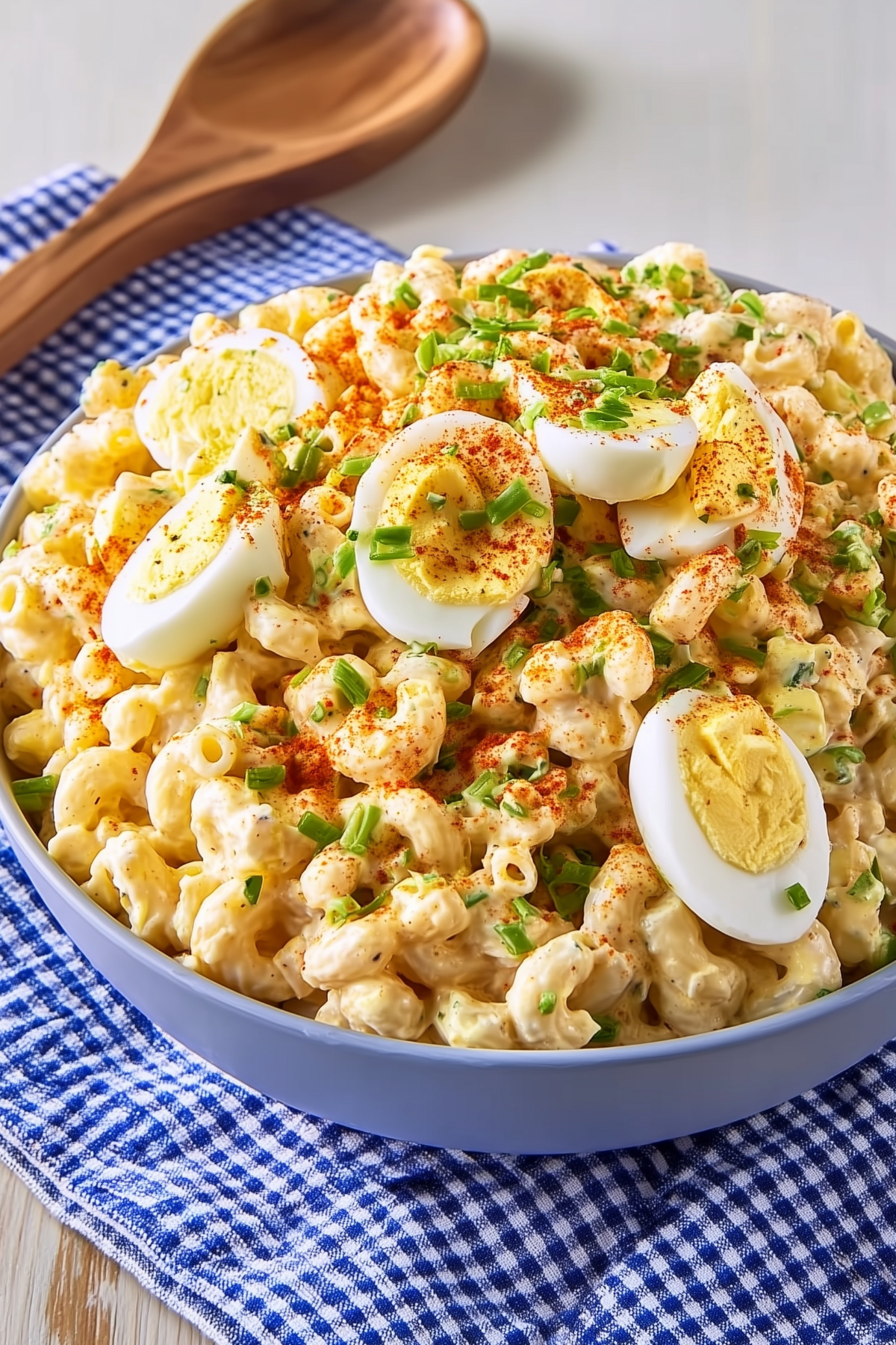 Deviled egg macaroni salad with creamy dressing and fresh ingredients