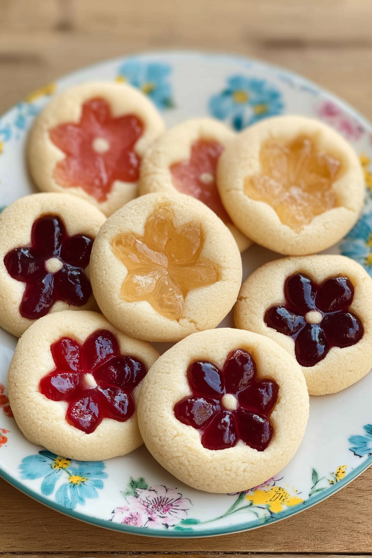 Flower Jam Thumbprint Cookies with colorful jam centers