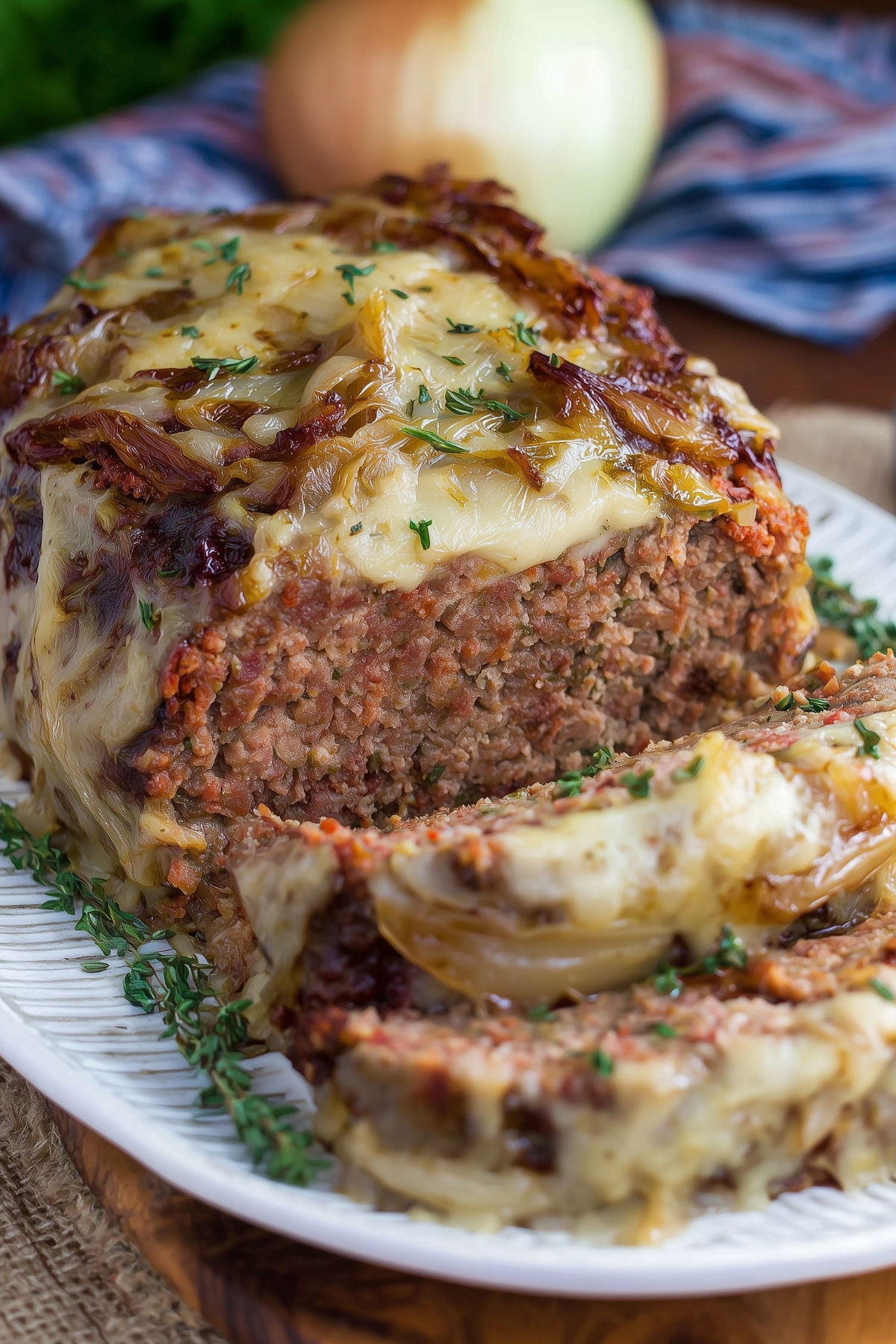 French Onion Meatloaf with caramelized onions and melted Gruyère cheese