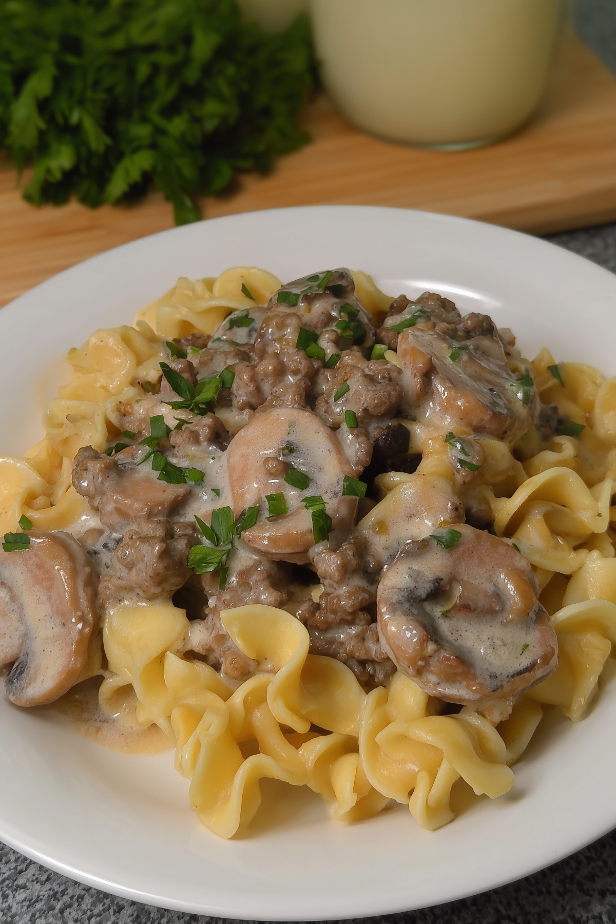 Ground Beef Stroganoff served with egg noodles