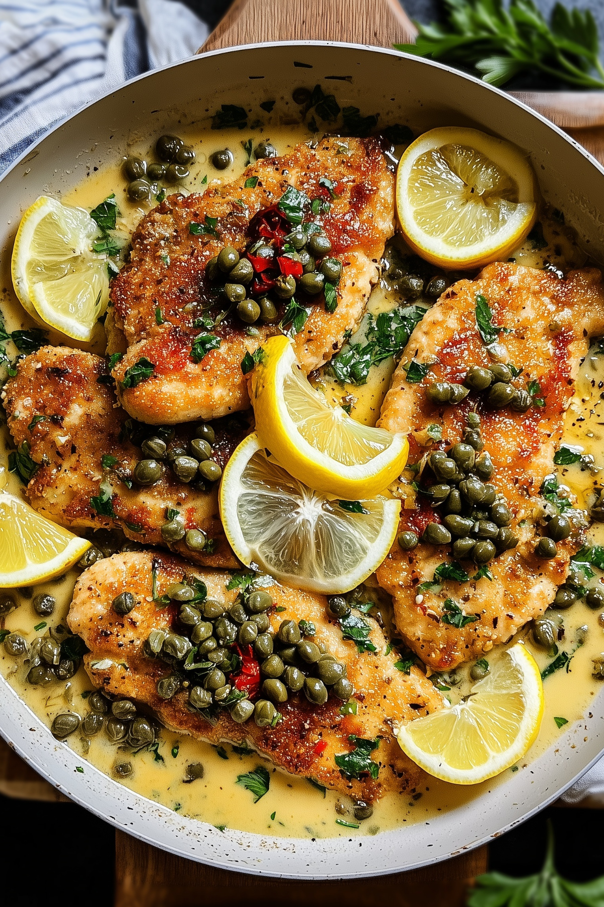 Mediterranean Style Chicken Piccata served with lemon and capers