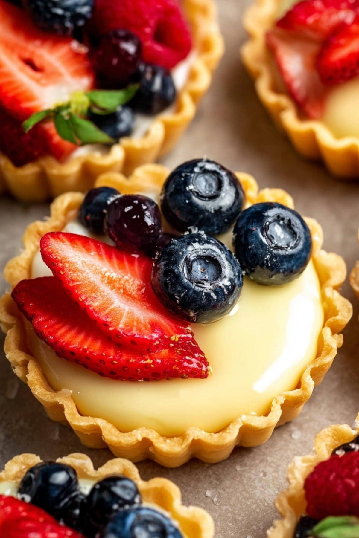 Mini fruit tarts with pastry cream topped with fresh fruit