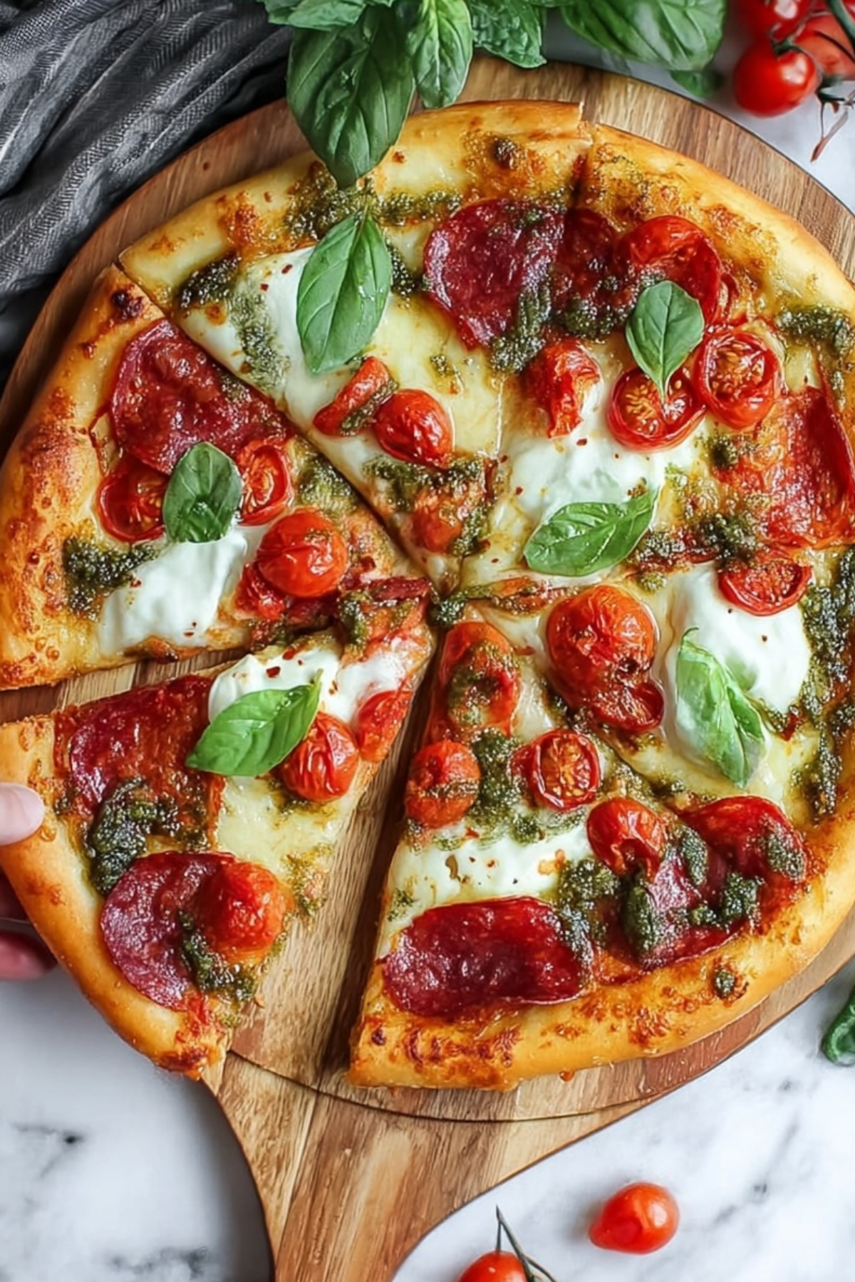 Pepperoni and Burrata Pizza with Pesto topped with basil and melted cheese